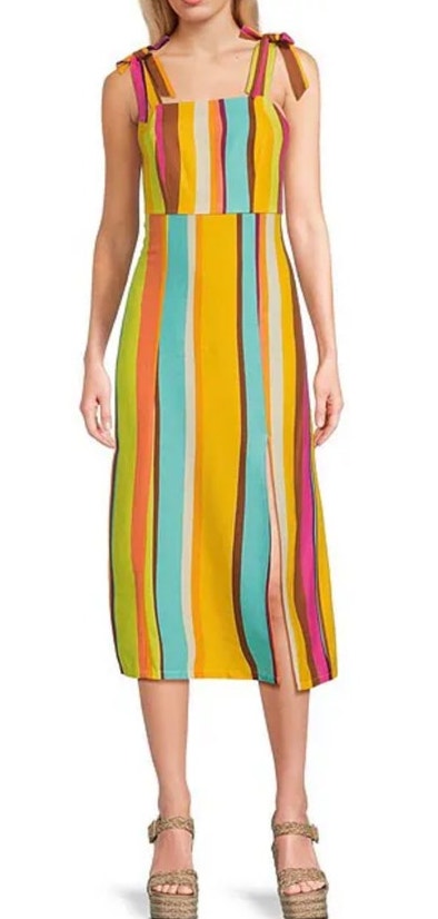 Gianni Bini Linen Striped Midi Dress Yellow Pink Turquoise Small Nwt